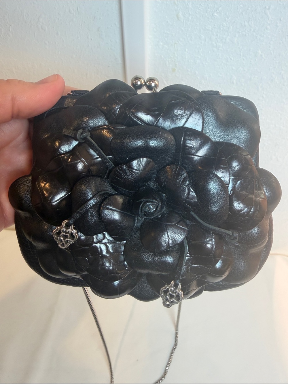 Brighton Rosalie Black Leather Kiss-lock Clutch Crossbody Bag with 3D Floral